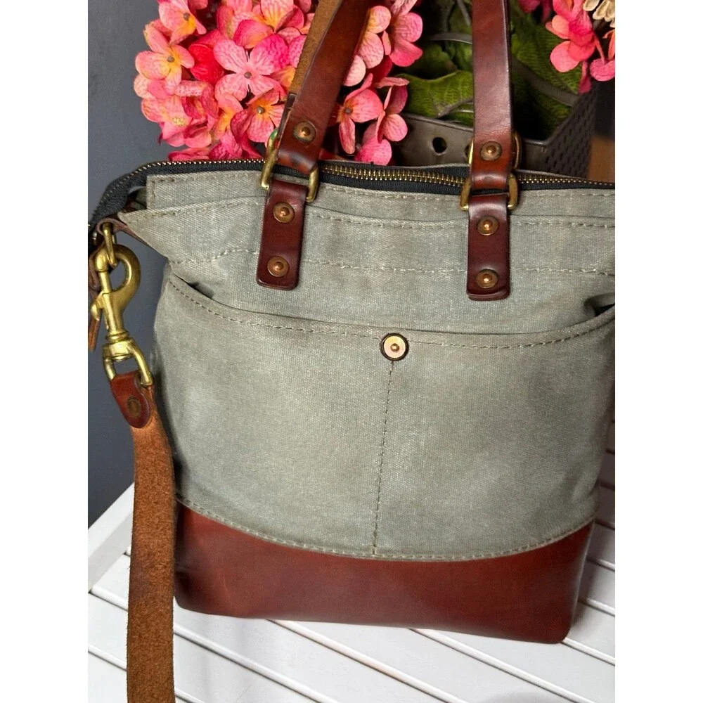 NORTH END Bag Co Gray Canvas Brown Leather Large Crossbody Shoulder Bag Vtg Boho